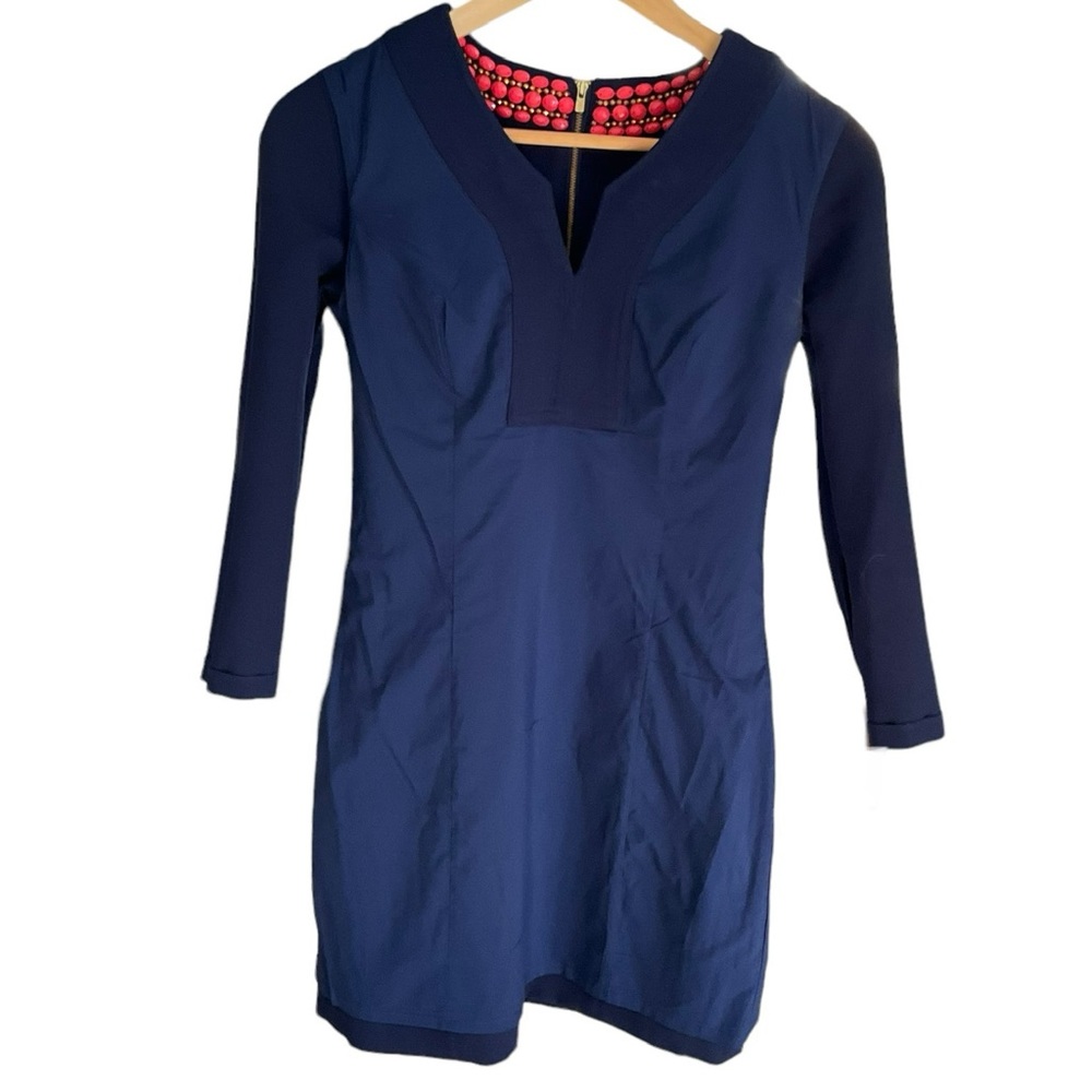Lilly Pulitzer Bennett Mini Sheath Dress Navy Blue Coral Beaded Jewels - Picture 8 of 16